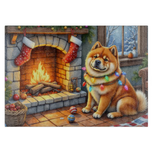 Chow Chow sitzt vor dem Kamin mit Weihnachtslichte Schneidebrett