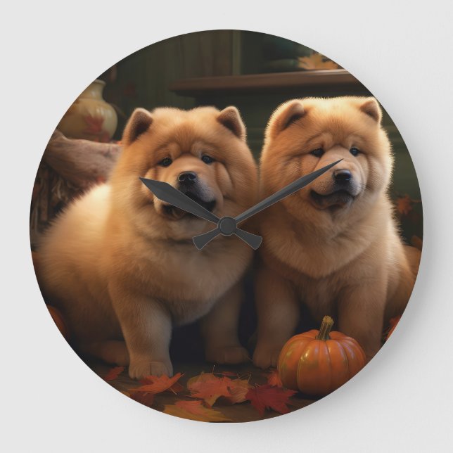 Chow Chow Welpe Herbst Delight Pumpen Große Wanduhr (Vorderseite)