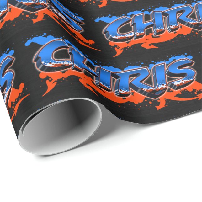 Chris Vorname Name Graffiti blue orange Geschenkpapier (Rolleneckpunkt)