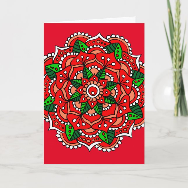 Chrismas Mandala Red Green Blume Feiertagskarte (Vorderseite)