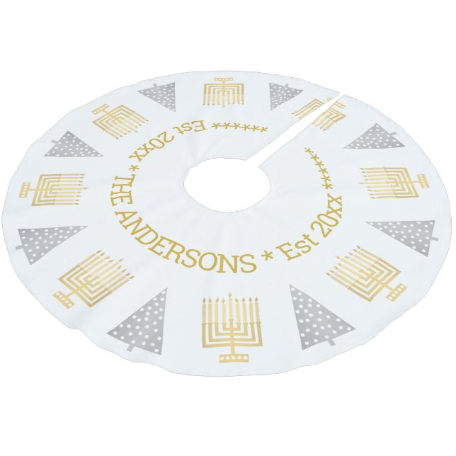 Chrismukah Gold Menorahs Silberbaume Urlaub Polyester Weihnachtsbaumdecke (Schrägansicht)