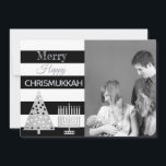 Chrismukkah Foto Schwarz-Weiß Streifen Silber Feiertagskarte<br><div class="desc">Fügen Sie Ihr Foto zu dieser lustigen Chrismukkah-Urlaubskarte in einem modernen Stil aus schwarz-weiß Streifen mit silbernen Akzenten für Weihnachten und Hanukkah. Frohe Chrismukkah! Ersetzen Sie den Inhaber des Fotos der Familie durch Ihr eigenes Foto für eine personalisierte Karte. Die silberne Polka Punkte Weihnachtsbaum und Menorah Designs auf der Vorderseite...</div>