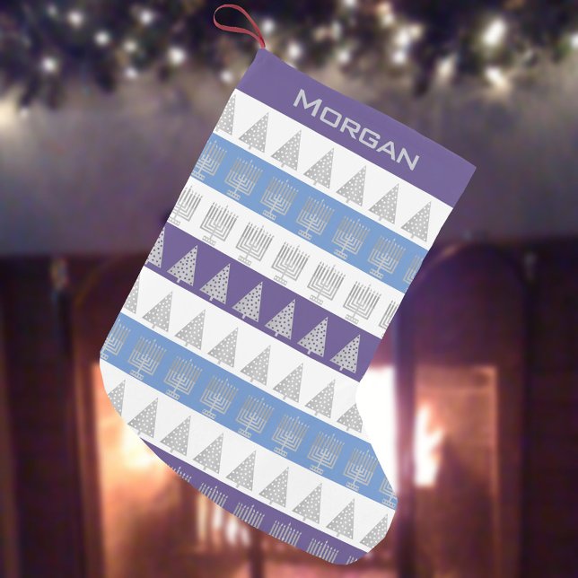 Chrismukkah Silver Menorah Treppenstück Muster Kleiner Weihnachtsstrumpf (Celebrate interfaith holidays with these blue purple and white Christmas and Hanukkah stockings)