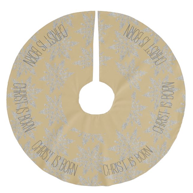 Christ ist Geboren Gold und Silberbaumrock Polyester Weihnachtsbaumdecke (Vorderseite)