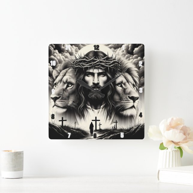 Christ Lions überschreitet spirituellen Power Quadratische Wanduhr (Zuhause)
