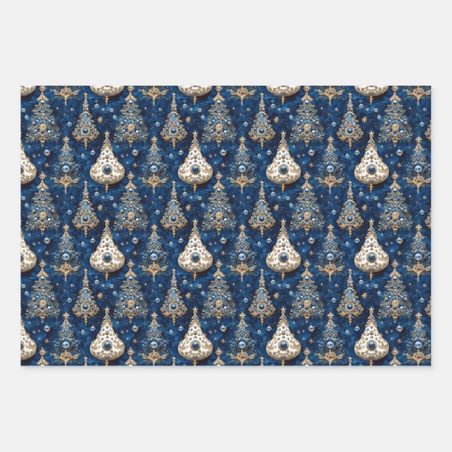 Christbaum, Rot, Grün, blau, Edelsteine, festliche Geschenkpapier Set (Vorderseite)