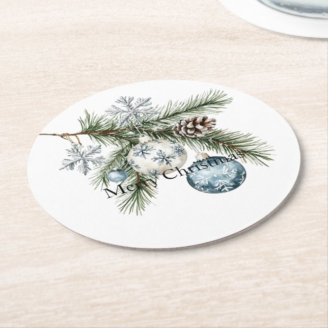 Christbaum Silber-Schneeflocken Blaue Ornamente Runder Pappuntersetzer (Angewinkelt)