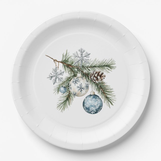 Christbaum Silberne Schneeflocken Blaue Ornamente Pappteller (Vorderseite)