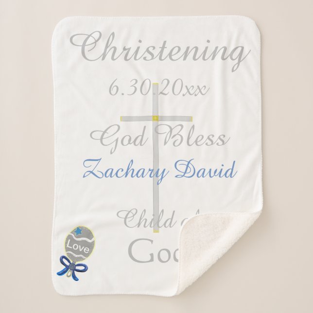 Christening Cross Boy Blue Star Rattle Medium Sherpadecke (Vorderseite)