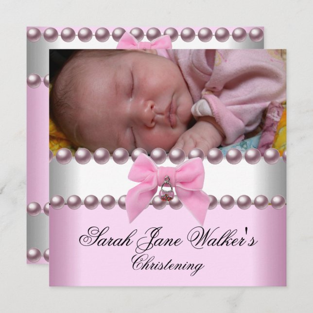 Christening Girl Pink White Pink Pearl Foto Einladung (Vorne/Hinten)