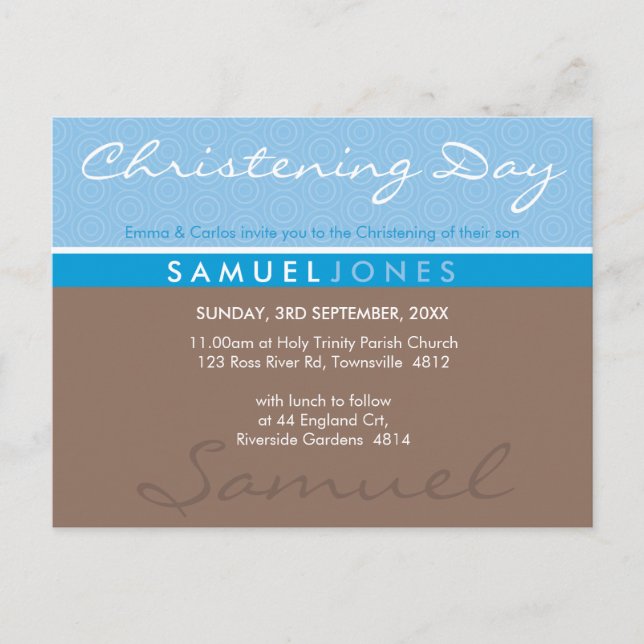 CHRISTENING INVITE einfach groovy blau mocha braun Einladungspostkarte (Vorderseite)