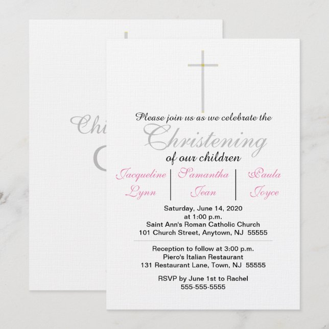 Christening Pink Triplets Einladung (Vorne/Hinten)