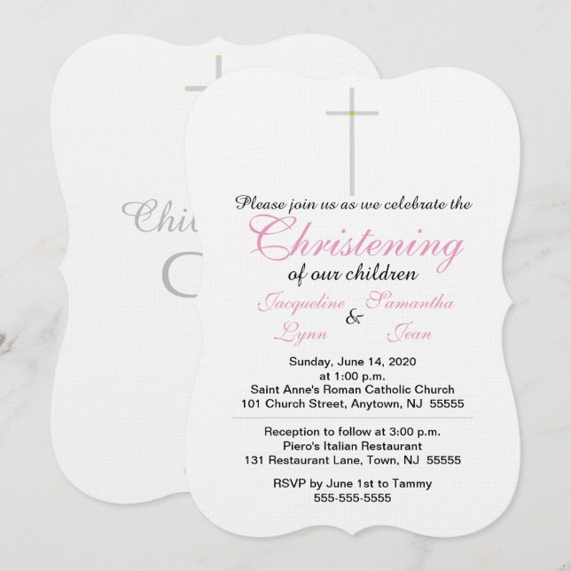 Christening Pink Twins Einladung (Vorne/Hinten)