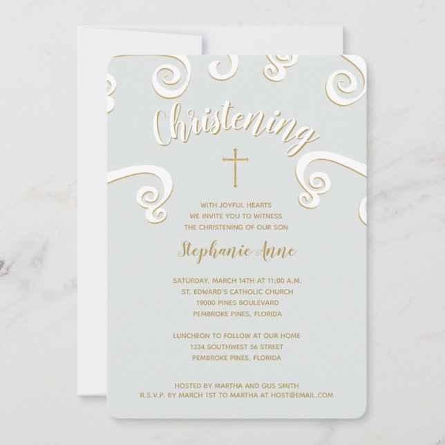Christening Scrolls in Powder Blue und Gold Einladung (Vorderseite)