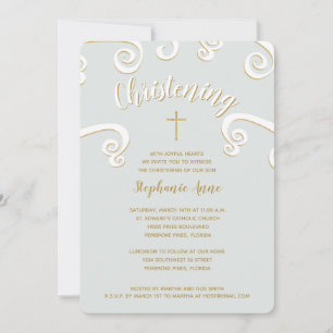 Christening Scrolls in Powder Blue und Gold Einladung