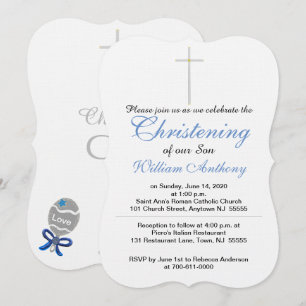 Christening Son Cross Blue Rattle Einladungen