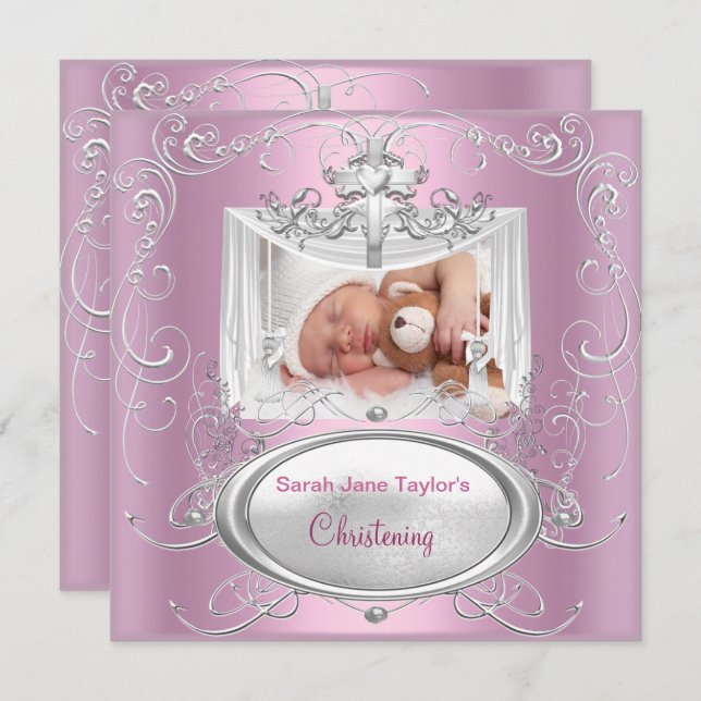 Christening Taufe Baby Girl Silver Pink Cross Einladung (Vorne/Hinten)