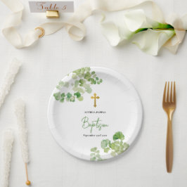 Christening Taufe Boy Girl Watercolor Grüne Pappteller
