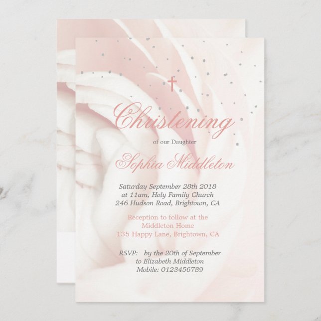 Christening Taufe Foto Girl Pink Rose Silver Einladung (Vorne/Hinten)
