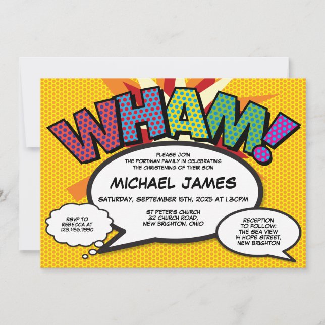 Christening Taufe Modernes Fun Comic Buch Einladung (Vorderseite)