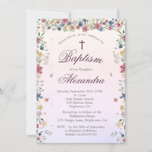 Christening Taufe Rosa Blume Mädchen Einladung
