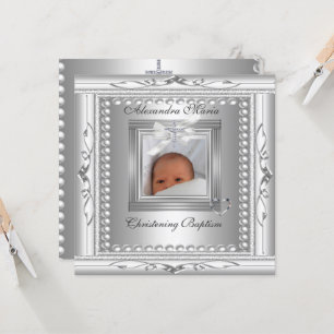 Christening Taufe Silver Foto Frame Bow Karte