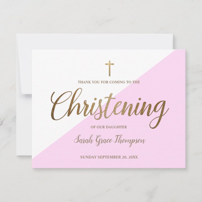 Christening Vielen Dank Baby Girl Simple Pink Gold Karte (Vorderseite)