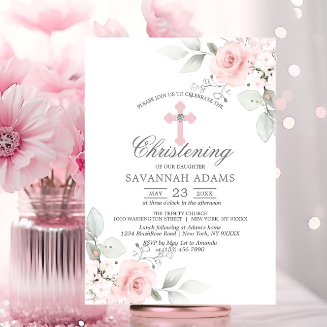 Christening Watercolor Pink Rose Girl Cross Einladung (Christening Watercolor Pink Rose Girl Cross Invitation)