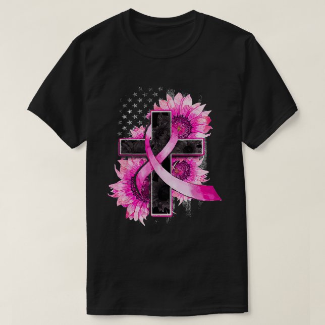 Christian Cross Pink Ribbon Sunflower Breast Cance T-Shirt (Design vorne)
