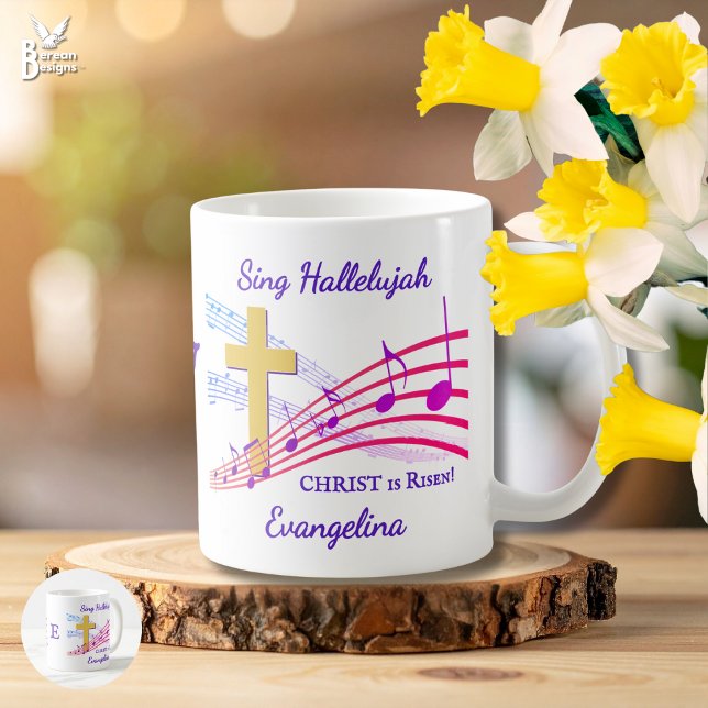 Christian HALLELUJAH CHRIST IS RISEN Easter Kaffeetasse (SING HALLELUJAH monogram Christian Easter mug to celebrate Christ is risen. With cross and music)