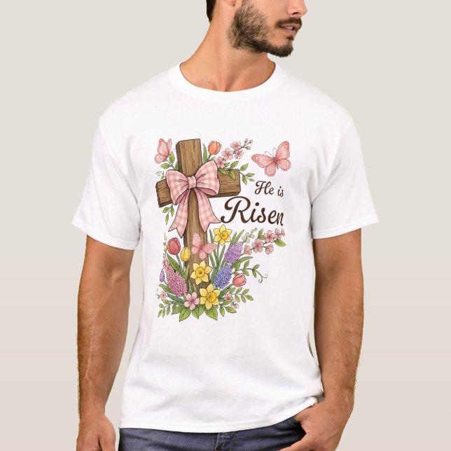 Christian- He is Risen Floral Cross Religious East T-Shirt (Vorderseite)