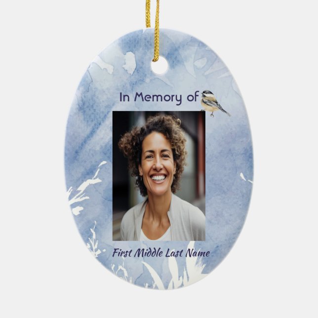 Christian Memorial Chickadee Bird Winter Snow Tree Keramik Ornament (Hinten)