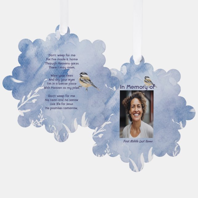 Christian Memorial Chickadee Bird Winter Snow Tree Ornament Karte (Vorderseite/Rückseite)