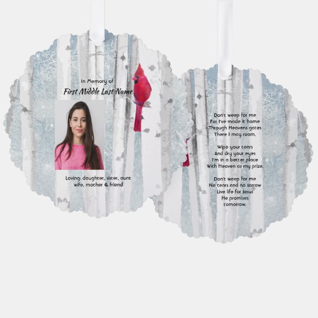 Christian Memorial Keepsake Cardinal Bird Ornament Karte (Vorderseite/Rückseite)