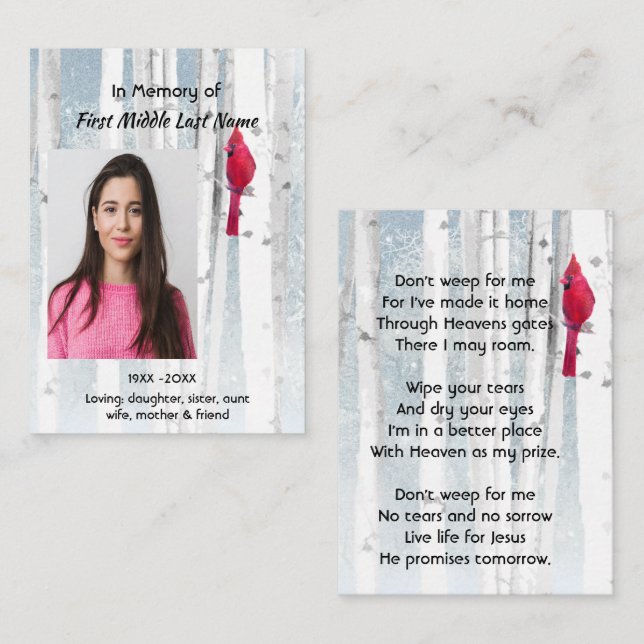 Christian Memorial Keepsake Cardinal Bird Visitenkarte (Vorne/Hinten)