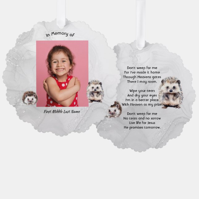 Christian Memorial Keepsake Hedgehog Children   Ornament Karte (Vorderseite/Rückseite)