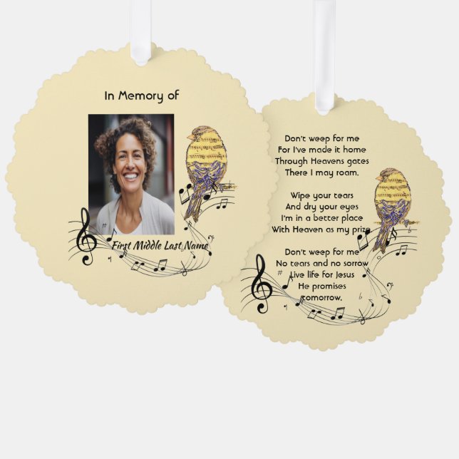 Christian Memorial Keepsake Music Bird Ornament Karte (Vorderseite/Rückseite)