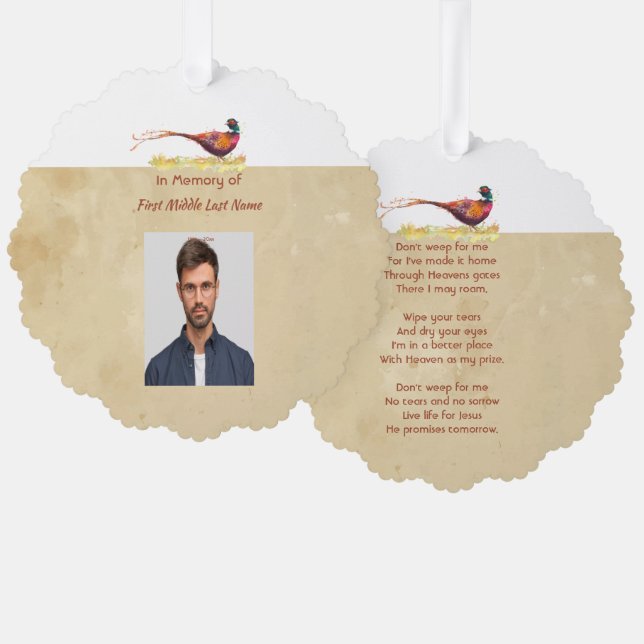 Christian Memorial Photo Invite Pheasant Bird Art Ornament Karte (Vorderseite/Rückseite)