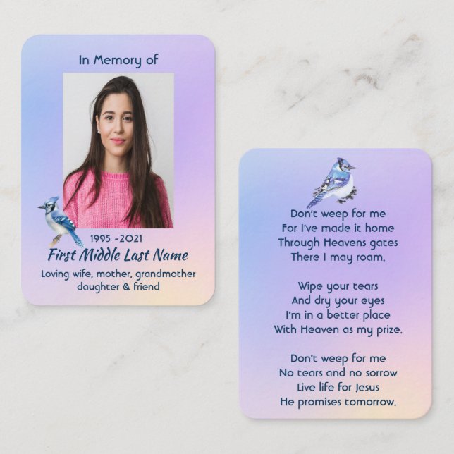 Christian Memorial Watercolor Bluejay Garden  Visitenkarte (Vorne/Hinten)