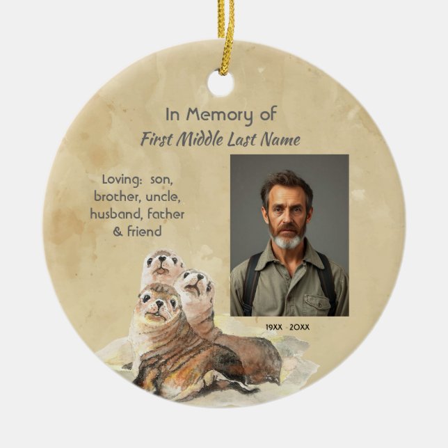 Christian Memorial  Watercolor Seals Animals Keramik Ornament (Vorne)