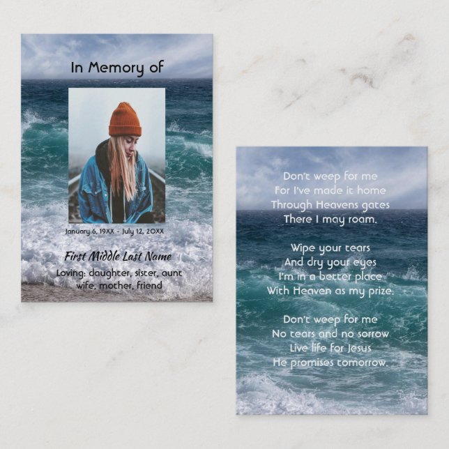 Christian Poem Memorial Keepsake Ocean Sea Beach Visitenkarte (Vorne/Hinten)