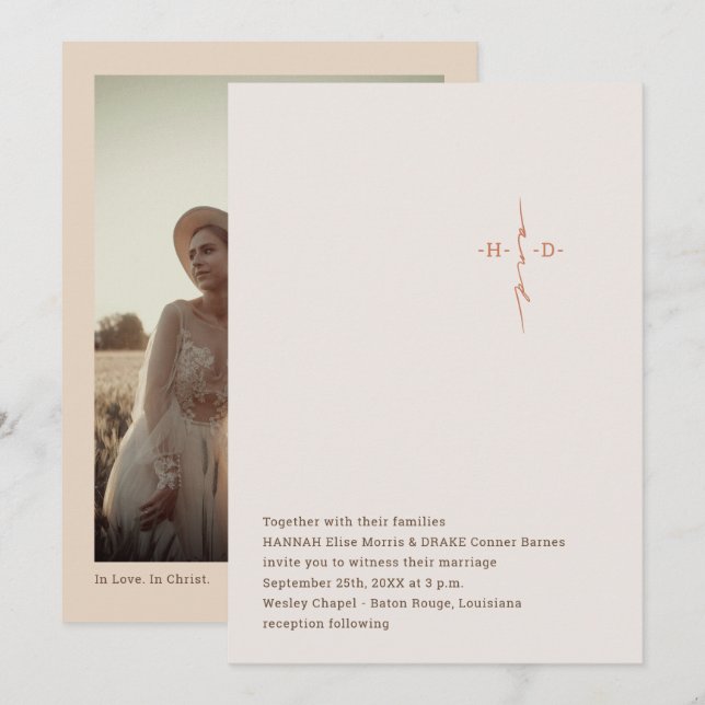 Christian Wedding Hand Lettered Monogram Cross Einladung (Vorne/Hinten)