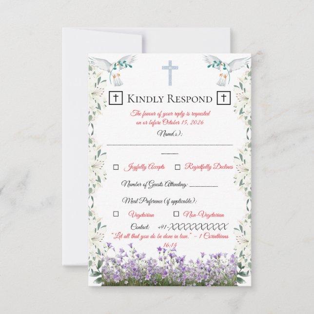 Christian Wedding RSVP Card with Cross Karte (Vorderseite)