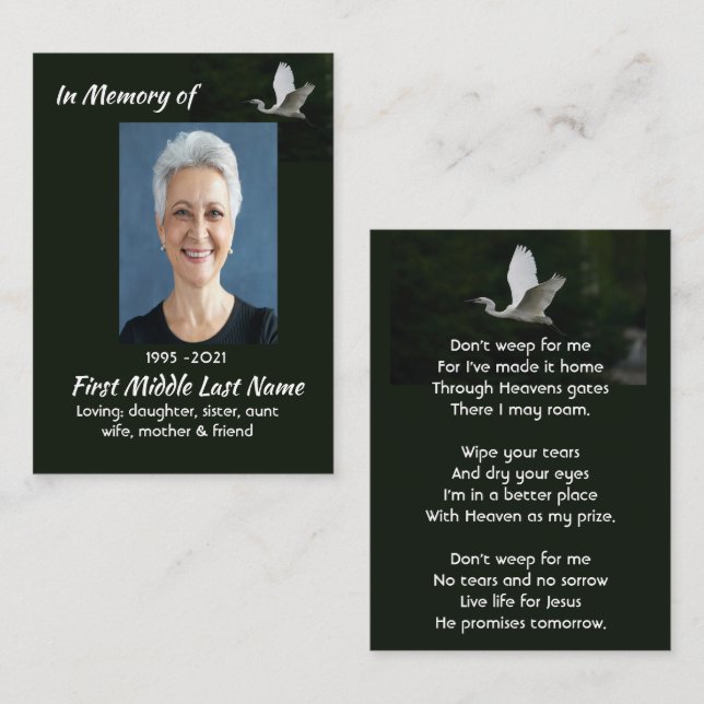 Christian White Egret Bird Memorial Keepsake  Visitenkarte (Vorne/Hinten)
