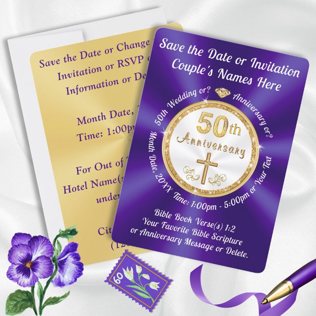 CHRISTLICH, 50. Jahrestag Speichern Sie die Datums Einladung (Gorgeous Purple and Gold CHRISTIAN, 50th Save the Date Cards. 50th Anniversary Save the Date Cards.)