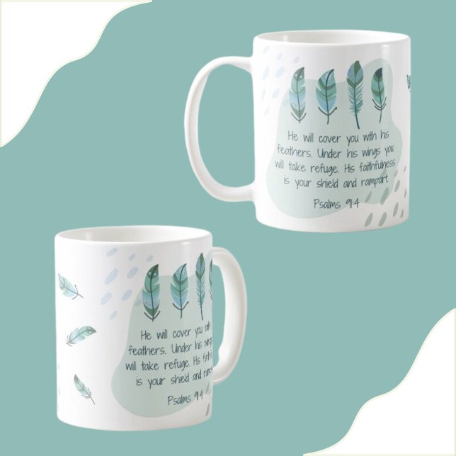 Christlich Boho Feathers Psalm 91:4 Blue Green Kaffeetasse (Von Creator hochgeladen)