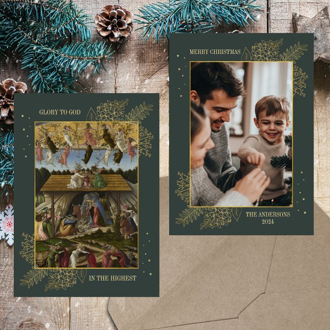 Christlich-katholische Weihnachtskrippe Familienle Feiertagskarte (Religious Christian Catholic Classic Vintage Gold Elegant Custom Family Photo Christmas Holiday Card)