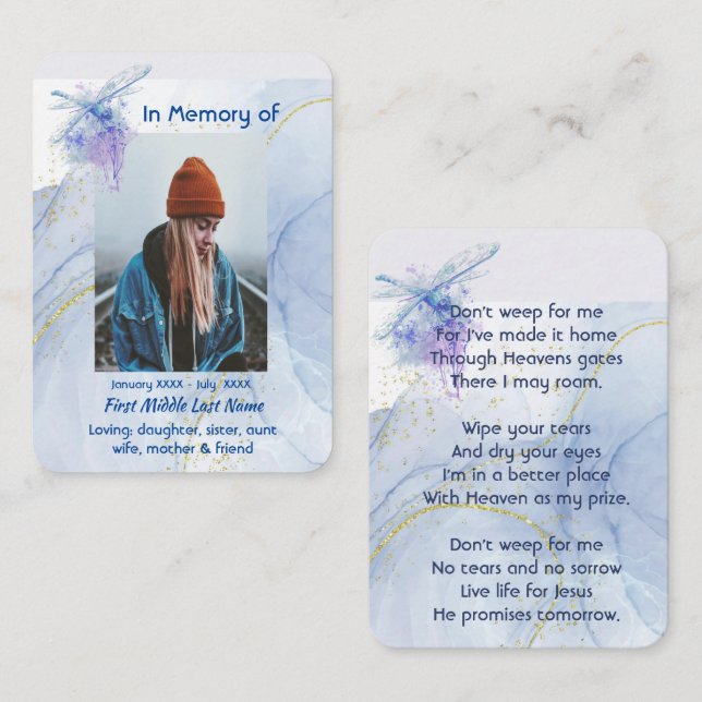 Christlich Memorial Keepake Memorial Dragonfly Visitenkarte (Vorne/Hinten)