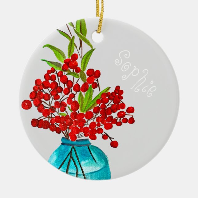 Christlich-rote Beeren Aquarellkunst Keramik Ornament (Vorne)