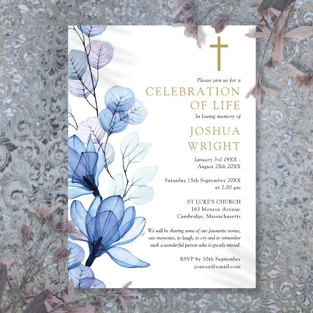 Christliche Beerdigung der Beerdigung des Lebens d Einladung (Blue Floral Christian Celebration Of Life Funeral Invitation)